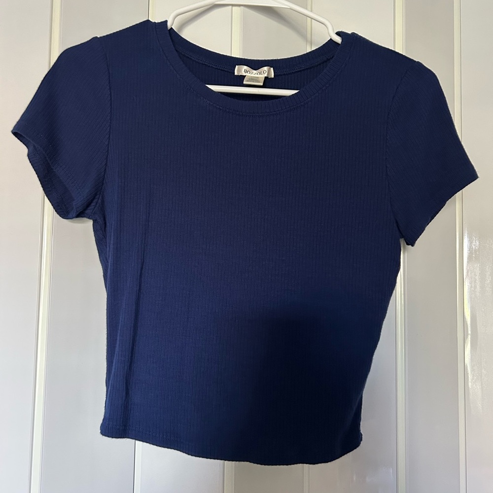 Blue Fitted Short Sleeve Crop Top